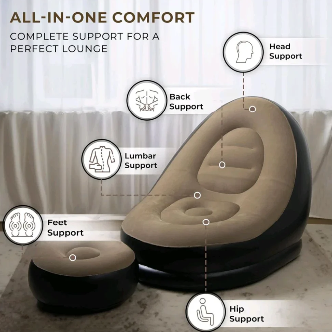 Inflatable Sofa Chair with Footrest & Air Pump – 2-in-1 Portable Comfort Lounge